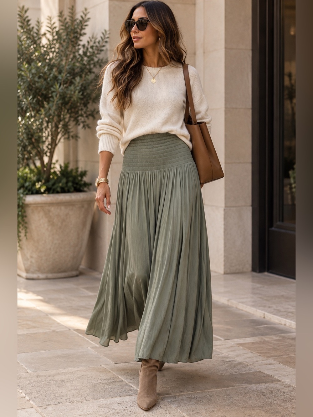 J.Jill Olive Green Smocked Waist Maxi Skirt Flowy Lightweight Lagenlook Boho L